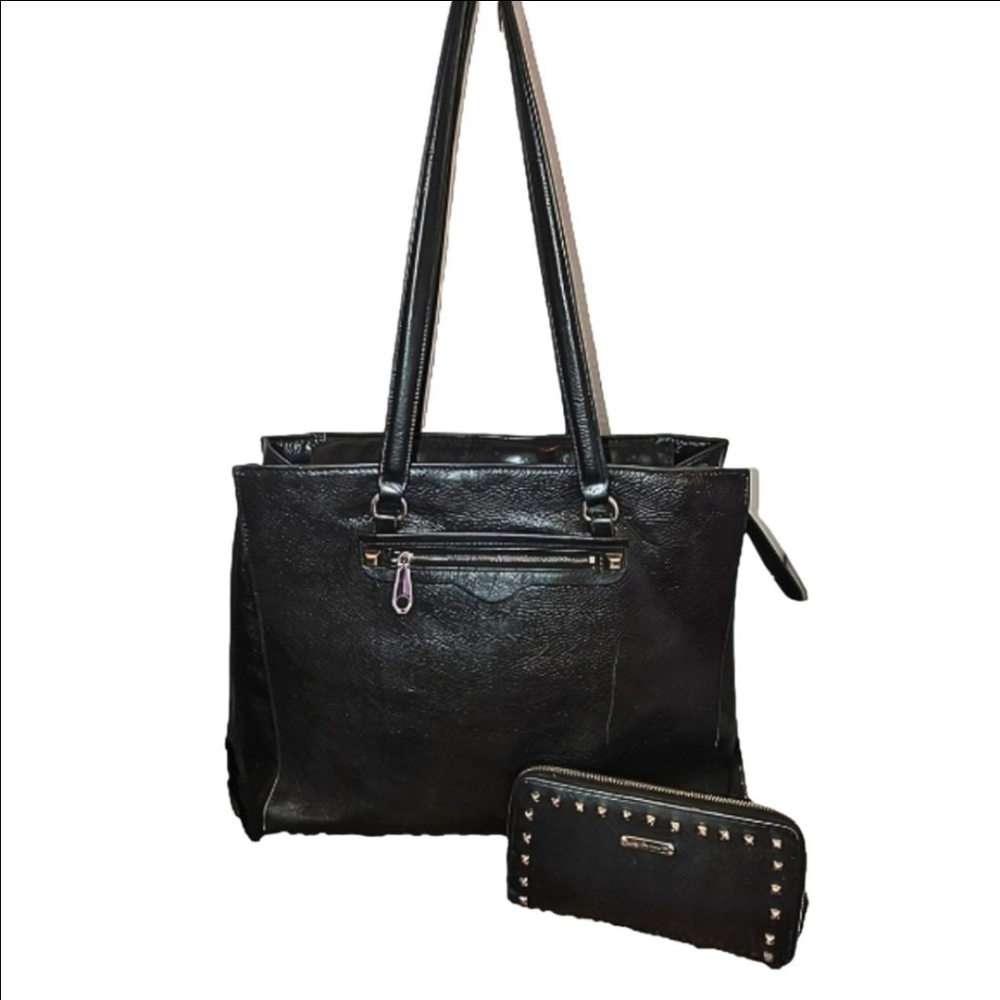 Rebecca Minkoff Regan Side Zip Leather Satchel Tote Bag/Ava Zip Wallet Black W
